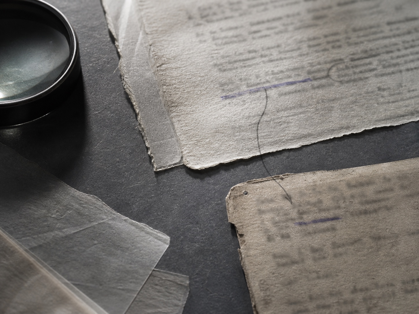 Archival source fragments connected by graphite and indigo review marks