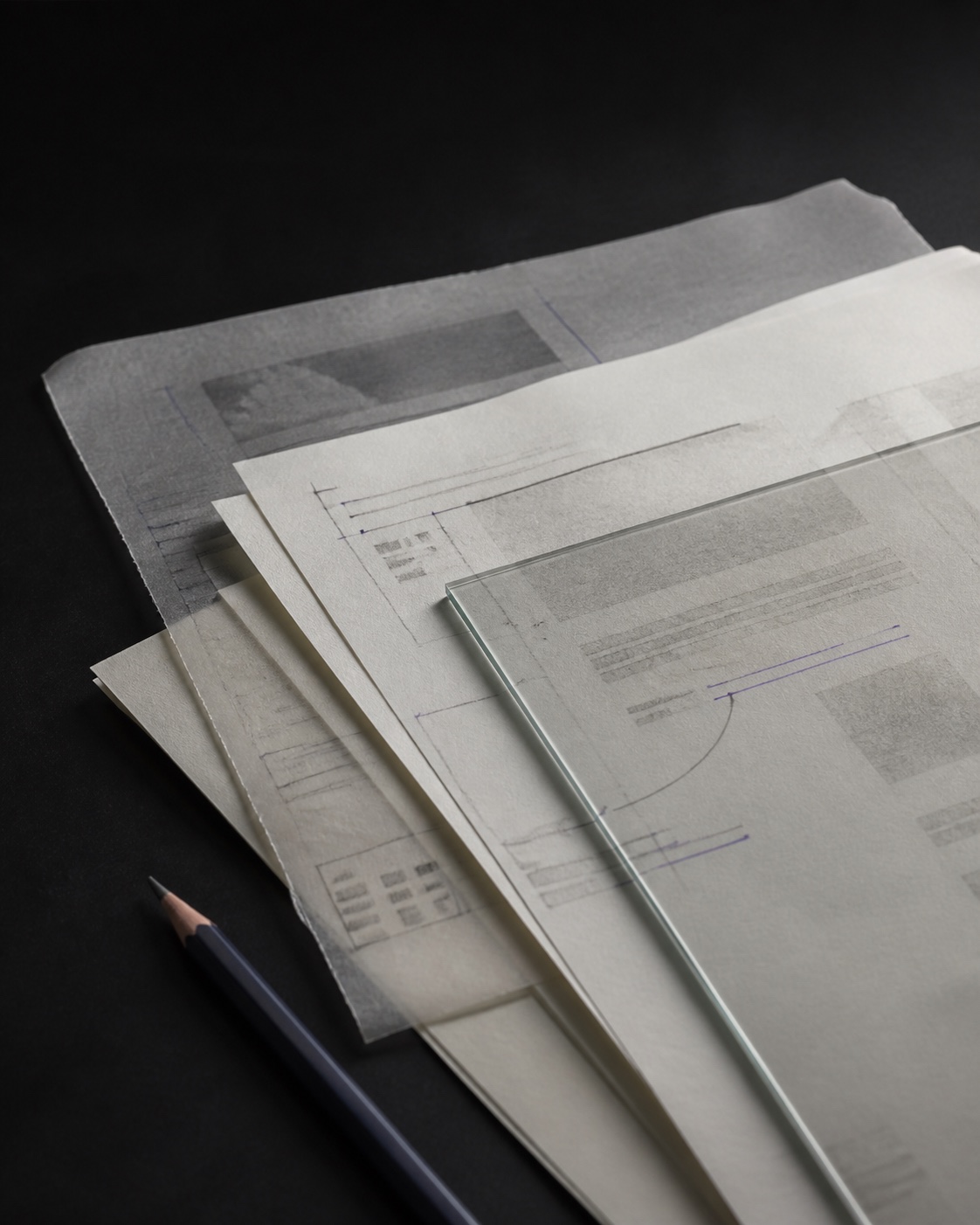 Layered research papers, archival glass, and indigo graphite annotations