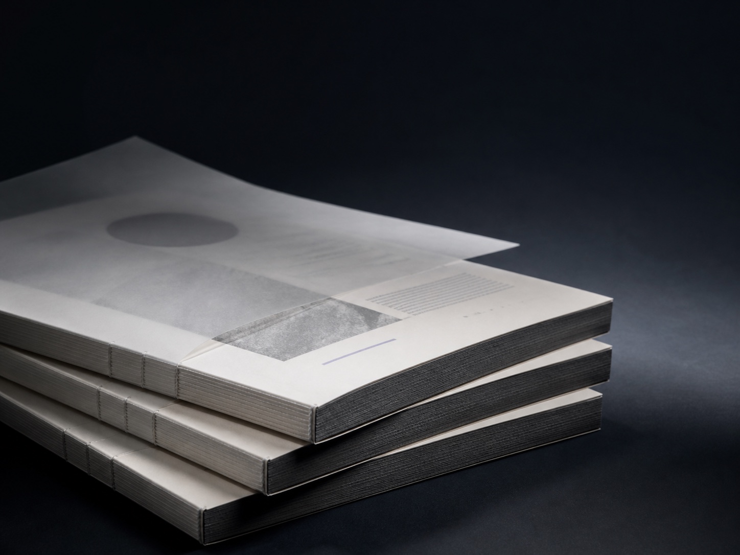 A stack of bound research reports with a translucent cover and indigo annotation